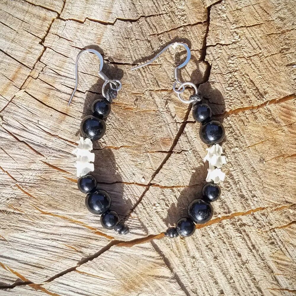 Black bead and bone earrings